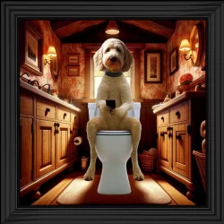 Cockapoo sitting on toilet on phone Picture