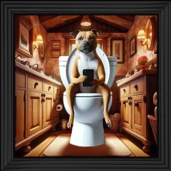 Colour Stafford Bull Terrier on Toilet on Phone Colour Picture