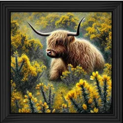 Highland Bull in yellow Flower Field Picture