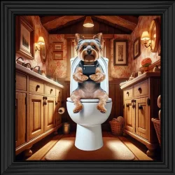 Colour Yorkshire Terrier on Toilet with Phone Picture